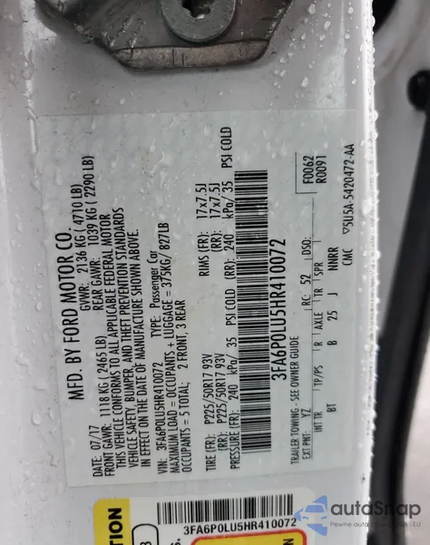 2017 Ford Fusion Se Hybrid from USA, damaged, VIN 3FA6P0LU5HR410072